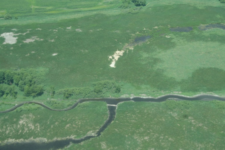 Aerial view of cutoff from Clearwater River into Kingston Wetland